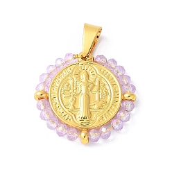 Сливовый 304 подвески из нержавеющей стали, со стеклянными бусинами, ионное покрытие (ip), плоский круглый с шалфеем, реальный 18 k позолоченный, слива, 27.5x28x3.5 мм, отверстие : 8x4 мм