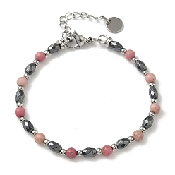 Родонит Браслеты из бусин натурального родонита и немагнитного синтетического гематита для женщин, с 201 нержавеющей сталью и 304 фурнитурой из нержавеющей стали, бусина : 4 мм и 6x4.5 мм, 7-1/8 дюйм (18.1 см)