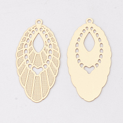 Light Gold Brass Pendants, Etched Metal Embellishments, Long-Lasting Plated, Leaf, Light Gold, 34.5x16.5x0.3mm, Hole: 1.4mm