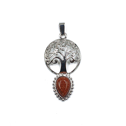 Goldstone Synthetic Goldstone Teardrop Pendants, Tree of Life Charms with Platinum Plated Metal Findings, 49x26mm