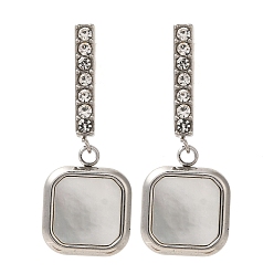 Нержавеющая Сталь Цвет 304 женские серьги-гвоздики со стразами из нержавеющей стали и натуральными ракушками, квадратный, цвет нержавеющей стали, 31x12 мм