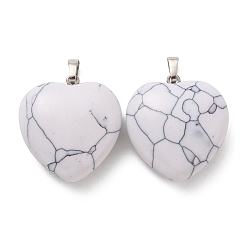 Howlite Synthetic Howlite Pendants, Heart Charms, with Rack Plating Platinum Tone Brass Snap on Bails, 32~33x30~31x12~13mm, Hole: 5x8mm