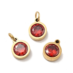 FireBrick Vacuum Plating 304 Stainless Steel Pendants, with Cubic Zirconia and Jump Rings, Single Stone Charms, Flat Round, Golden, FireBrick, 9.5x7.5x3mm, Hole: 3.6mm