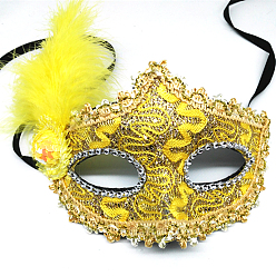 Jaune Mascarade de plumes masques, masque de broderie scintillant, pour les accessoires de costumes de fête, jaune, 250x200mm
