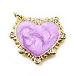 Сливовый Латунные микропроволочные кубические циркониевые подвески из эмали, сердце, с целью перехода в кольце, без свинца и без кадмия, реальный 18 k позолоченный, стойки покрытие, прочное покрытие, слива, 20.5x24x2.5 мм, отверстие : 3 мм