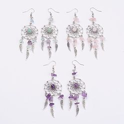 Mixed Stone Woven Net/Web with Feather Alloy Dangle Earrings, with Mixed Stone Beads and Brass Earring Hooks, 102mm, Pin: 0.5mm