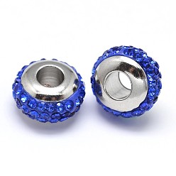 Sapphire Rondelle 304 Stainless Steel Polymer Clay Rhinestone European Beads, with Double Side Platinum Color Core, Stainless Steel Color, Sapphire, 10x6mm, Hole: 4mm