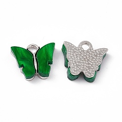 Green Acrylic Charms, with Platinum Tone Alloy Finding, Butterfly Charm, Green, 13x14x3mm, Hole: 2mm
