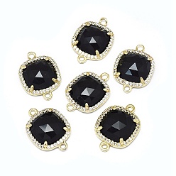 Black Stone Synthetic Black Stone Links connectors, with Golden Tone Brass Findings and Cubic Zirconia, Faceted, Square, Clear, 18.5~19x13.5x4.5mm, Hole: 1.6mm
