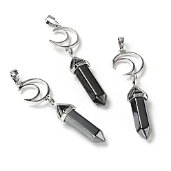 Hematite Non-magnetic Synthetic Hematite Double Terminated Pointed Big Pendants, with Platinum Tone Brass Findings, Cadmium Free & Lead Free, Moon with Bullet, Faceted, 70~75mm, Hole: 4.6x8mm