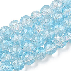 Light Blue Transparent Crackle Baking Painted Glass Beads Strands, Imitation Opalite, Round, Light Blue, 8.5x7.5mm, Hole: 1.5mm, about 107~109pcs/strand, 30.71 inch~31.30 inch(78~79.5cm)