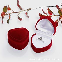 Dark Red Valentine's Day Velvet Ring Storage Boxes, Heart Shaped Single Ring Gift Case, Dark Red, 4.8x4.8x3.5cm