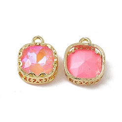 Light Rose Square K9 Glass Charms, Faceted, with Light Gold Tone Brass Edge, Light Rose, 15x12x4.5mm, Hole: 1.8mm