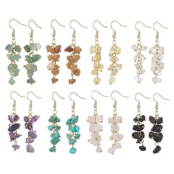 Mixed Stone 8 Pair 8 Style Natural & Synthetic Mixed Gemstone Chips Dangle Earrings Set, Golden 304 Stainless Steel Cluster Earrings, 58~60x12~16mm, 1 Pair/style