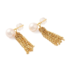 Real 18K Gold Plated Sterling Silver Studs Earrings, with Natural Pearl,  Jewely for Women, Tassels, Real 18K Gold Plated, 28x7mm