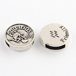 Aquarius Antique Silver Plated Tibetan Style Flat Round Alloy Slide Charms, with Constellation/Zodiac Sign, Cadmium Free & Lead Free, Aquarius, 17~18x5mm, Hole: 11x3mm, about 282pcs/1000g
