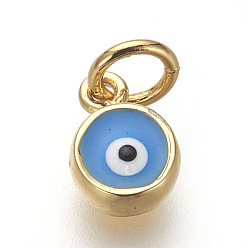 Golden Brass Enamel Charms, Lead Free & Cadmium Free, Flat Round with Evil Eye, Deep Sky Blue, Golden, 8x6x3mm, Hole: 3mm