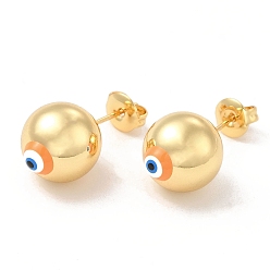 Orange Enamel Evil Eye Stud Earrings, Real 18K Gold Plated Brass Ball Post Earrings for Women, Orange, 12mm, Pin: 0.7mm