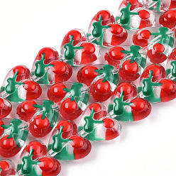 Green Transparent Acrylic Beads Strands, with Enamel, Heart with Cherry, Green, 15x17x8.5mm, Hole: 1.5mm, about 35pcs/strand, 19.09 inch(48.5cm)