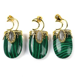 Малахит Синтетического малахита подвески, Луна прелести, с реечным покрытием позолоченные латунные выводы, без свинца и без кадмия, 43.5~45x20~22x14.5~15.5 мм, отверстие : 6.5x5 мм