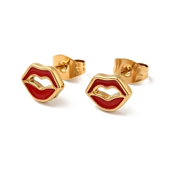 FireBrick Enamel Lip Stud Earrings with 316 Surgical Stainless Steel Pins, Gold Plated 304 Stainless Steel Jewelry for Women, FireBrick, 7x8.5mm, Pin: 0.8mm