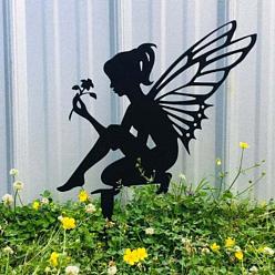 Electrophoresis Black Fairy Holding Flower Iron Decorative Garden Stake, Ground Insert Decor, for Yard, Lawn, Garden, Graveyard Decoration, Electrophoresis Black, 300mm