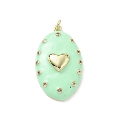 Бледно-Зеленый Овальные подвески с сердцем из латуни с микропаве из прозрачных кубических цирконий, с эмалью и кольцом для прыжков, стойки покрытие, долговечный, без свинца и без кадмия, реальный 18 k позолоченный, бледно-зеленый, 37.5x21x7.5 мм, отверстие : 3 мм