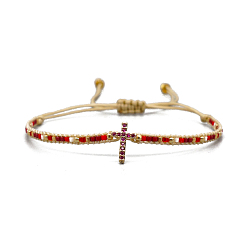 Red Cubic Zirconia Cross & Glass Seed Braided Bead Bracelet, Adjustable Bracelet for Women, Red, 11 inch(28cm)