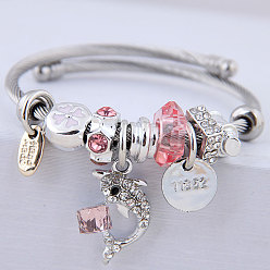 Pink 0150735135 Dolphin Multi-Element Bohemian DIY Beaded Bracelet with Cute Crystal Stainless Steel Bangle