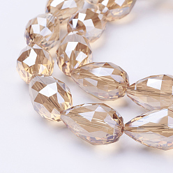 PeachPuff Electroplate Glass Beads Strands, Pearl Luster Plated, Faceted, teardrop, PeachPuff, 27~28x18mm, Hole: 2mm, about 25pcs/strand, 26.3 inch~27.1 inch(67cm~69cm)