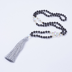 Lava Rock Nylon Tassel Pendant Necklaces, Natural Lava Rock and Synthetic Frosted Moonstone Beads, with Burlap Paking Pouches Drawstring Bags, Golden, 31.5 inch(80cm)