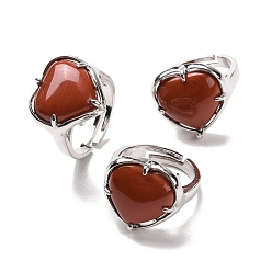 Красный Камень Регулируемое кольцо в форме сердца из натуральной красной яшмы, украшения из латуни для женщин, без свинца и без кадмия, платина, внутренний диаметр: 16.5~21 мм
