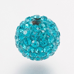 229_Blue Zircon Czech Rhinestone Beads, PP13(1.9~2mm), Pave Disco Ball Beads, Polymer Clay, Round, 229_Blue Zircon, 9.5~10mm, Hole: 1.8mm, about 60~70pcs rhinestones/ball