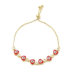 Red Clear Cubic Zirconia & Enamel Heart with Evil Eye Links Slider Bracelet, Gold Plated Brass Jewelry for Women, Lead Free & Cadmium Free, Red, 10-3/8 inch(26.4cm)