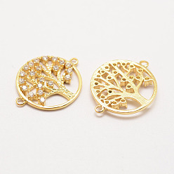 Real 18K Gold Plated Brass Micro Pave Grade AAA Cubic Zirconia Links, Long-Lasting Plated, Tree of Life, Cadmium Free & Nickel Free & Lead Free, Real 18K Gold Plated, 24x17x2mm, Hole: 1mm