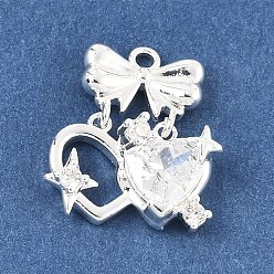 Серебро Латунные микропаве прозрачные подвески с фианитом, сердечко с подвесками-бантиками, серебряные, 18x15.5x6.5 мм, отверстие : 1.5 мм