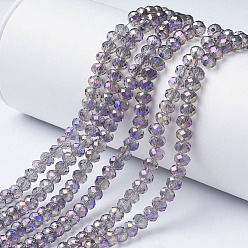 Lilac Electroplate Transparent Glass Beads Strands, Full Rainbow Plated, Faceted, Rondelle, Lilac, 6x5mm, Hole: 1mm, about 85~88pcs/strand, 16.1~16.5 inch(41~42cm)