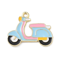 Sky Blue Alloy Enamel Pendants, Motorbike Charms, Light Gold, Sky Blue, 20x25x1mm, Hole: 1.9mm