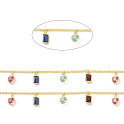 Real 18K Gold Plated Colorful Glass Heart & Rectangle Charms Chains, with Rack Plating Eco-Friendly Handmade Brass Rolo Chains, Soldered, with Spool, Lead Free & Cadmium Free & Nickel Free, Real 18K Gold Plated, Link: 2x0.6mm