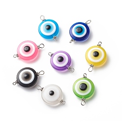 Platinum Transparent Evil Eye Resin Connector Charms, with Alloy Spacer Beads and Iron Double Loops, Mixed Color, Flat Round, Platinum, 32x20~20.5x9~9.5mm, Hole: 1.8mm and 3.5mm