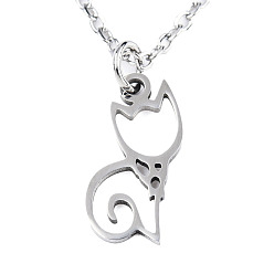 Stainless Steel Color 201 Stainless Steel Kitten Pendants Necklaces, with Cable Chains and Lobster Claw Clasps, Hollow Cat, Stainless Steel Color, 15-3/4 inch(40cm), 1.5mm