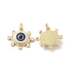 Gray Brass Micro Pave Clear Cubic Zirconia Pendants, with Resin, Real 18K Gold Plated, Evil Eye Charms, Gray, 17.5x20.5x6mm, Jump Ring: 6x1mm, Inner Diameter: 4mm