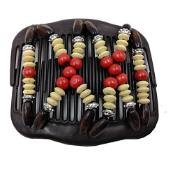 Red Plastic Hair Bun Maker, Stretch Double Hair Comb, with Wood Beads and Metal Findings, Red, 75x105mm