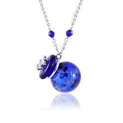 Blue Round with Crown Lampwork Perfume Bottle Necklaces, with Titanium Steel Chains, Blue, 23.62 inch(60cm), Capacity: 0.5ml(0.02fl. oz)