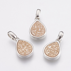 Bisque Natural Druzy Agate Pendants, with Brass Finding, teardrop, Platinum, Bisque, 14.5x10x3~4mm, Hole: 2x2.5mm