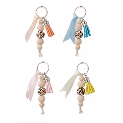 Mixed Color Cube & Round & Octagon Wooden Beaded Pendant Keychain, with Faux Suede Tassel and Ribbon, 304 Stainless Steel Key Ring, Mixed Color, 10.5cm