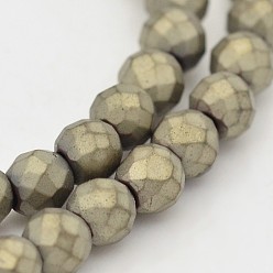 Antique Bronze Plated Round Non-magnetic Synthetic Hematite Beads Strands, Imitation Pyrite, Frosted, Faceted, Antique Bronze Plated, 6mm, Hole: 1mm, about 64pcs/strand, 16 inch