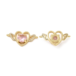 Pink Rack Plating Brass Micro Pave Clear Cubic Zirconia Connector Charms, Heart with Wing Links, with Faceted Glass, Cadmium Free & Lead Free, Real 18K Gold Plated, Pink, 14.3x28.5x6mm, Hole: 1.2mm