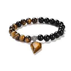 Тигровый глаз Эластичные браслеты с круглыми бусинами из натурального тигрового глаза и черного обсидиана, с половинчатыми сердечками, внутренний диаметр: 2-1/8 дюйм (5.5 см)