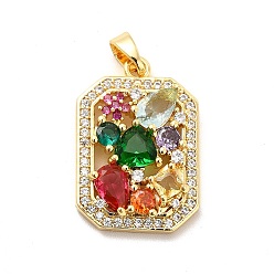 Colorful Brass Micro Pave Clear Cubic Zirconia Pendants, with Faceted Glass, Rectangle with Flower Heart Charm, Real 18K Gold Plated, Colorful, 21.5x14.5x4.5mm, Hole: 5x2.5mm